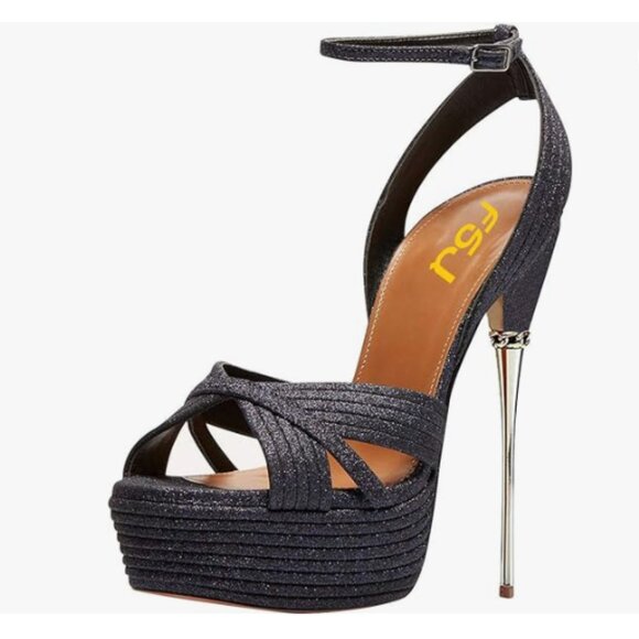 FSJ Shoes - FSJ Midnight Glitter Strappy Open Toe Platform Stiletto Heel Metallic Sandals